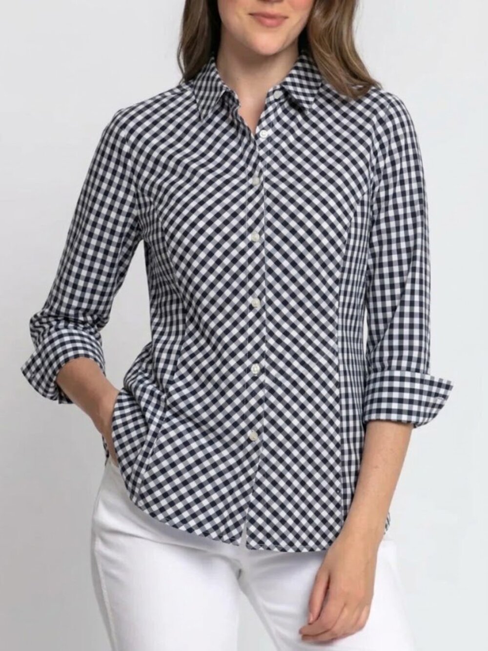 Hinson Wu Alison Navy White Gingham Button Front Shirt 100% Cotton Size XS